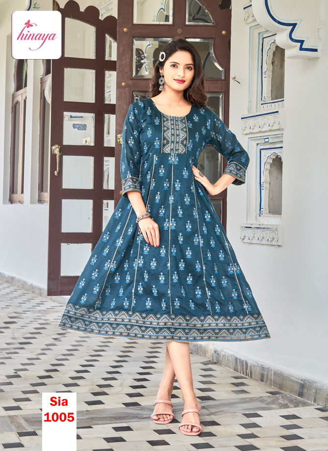 Sia Vol 3 By Hinaya Flaired Chanderi Silk Printed Long Kurtis Wholesale Shop In Surat